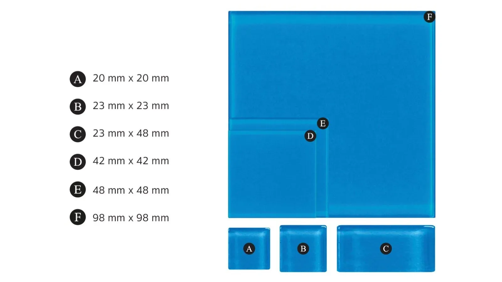 ขนาดชิ้นโมเสคแก้ว Crystal 6 ขนาดสำหรับสระว่ายน้ำ ตั้งแต่ 20 x 20 มม. ถึง 98 x 98 มม.