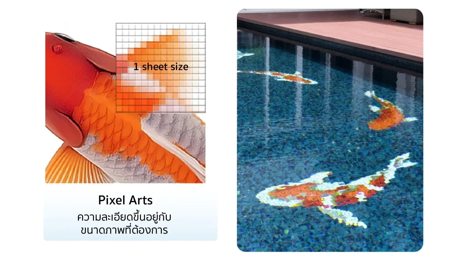 ภาพปลาแบบ Pixel Arts เทียบขนาดโมเสค 1 แผ่น และลายปลาคาร์ปโมเสคบนพื้นสระว่ายน้ำ